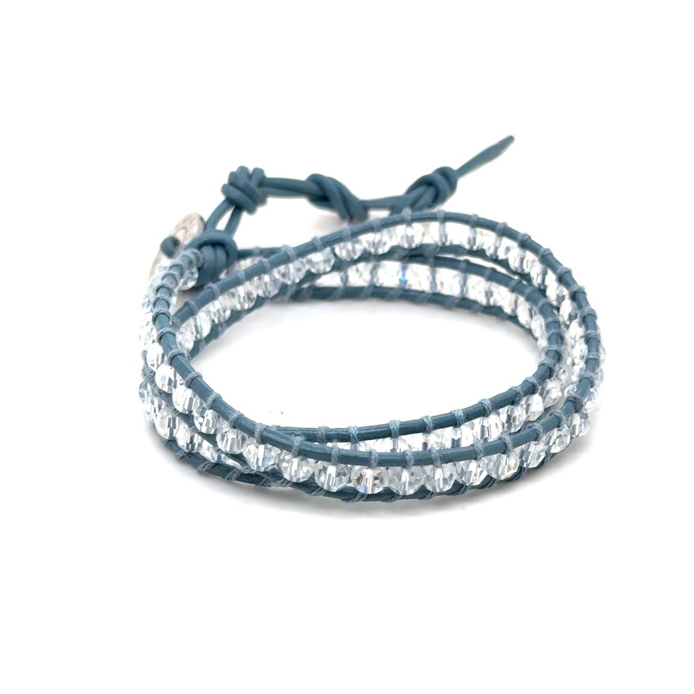 Victoria Emerson Blue Leather Crystal Double Wrap Bracelet Adjustable Silver